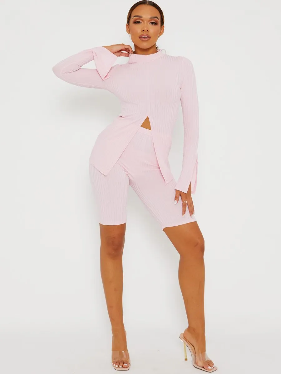 Sisi Split Front Ribbed Top & Cycling Shorts Co-ord In Pink