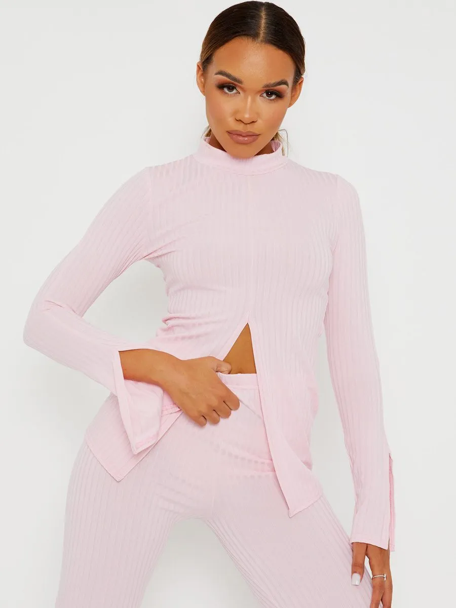 Sisi Split Front Ribbed Top & Cycling Shorts Co-ord In Pink