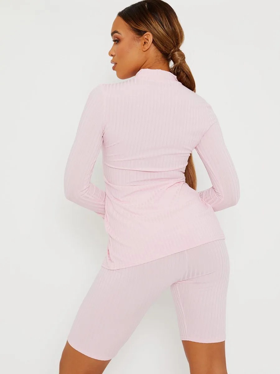 Sisi Split Front Ribbed Top & Cycling Shorts Co-ord In Pink