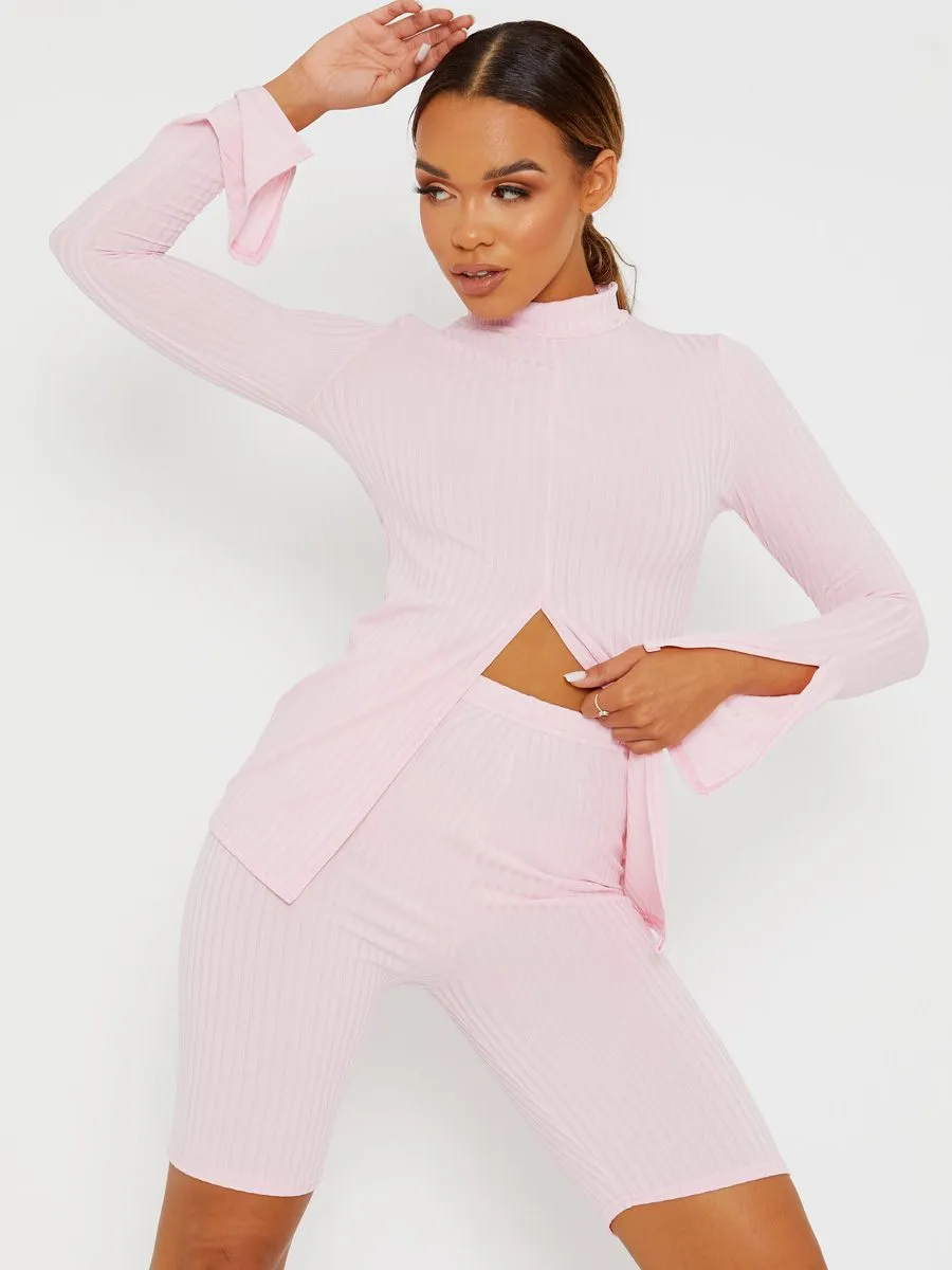Sisi Split Front Ribbed Top & Cycling Shorts Co-ord In Pink