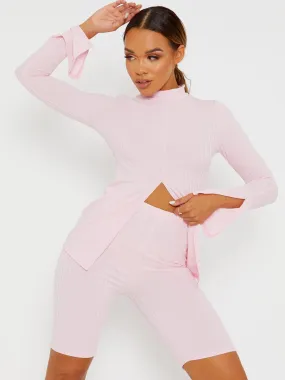 Sisi Split Front Ribbed Top & Cycling Shorts Co-ord In Pink